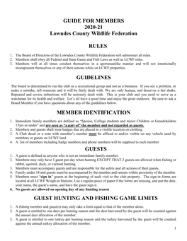 GUIDE for MEMBERS 2020-21 Lowndes County Wildlife Federation RULES GUIDELINES MEMBER IDENTIFICATION GUESTS GUEST HUNTING AND