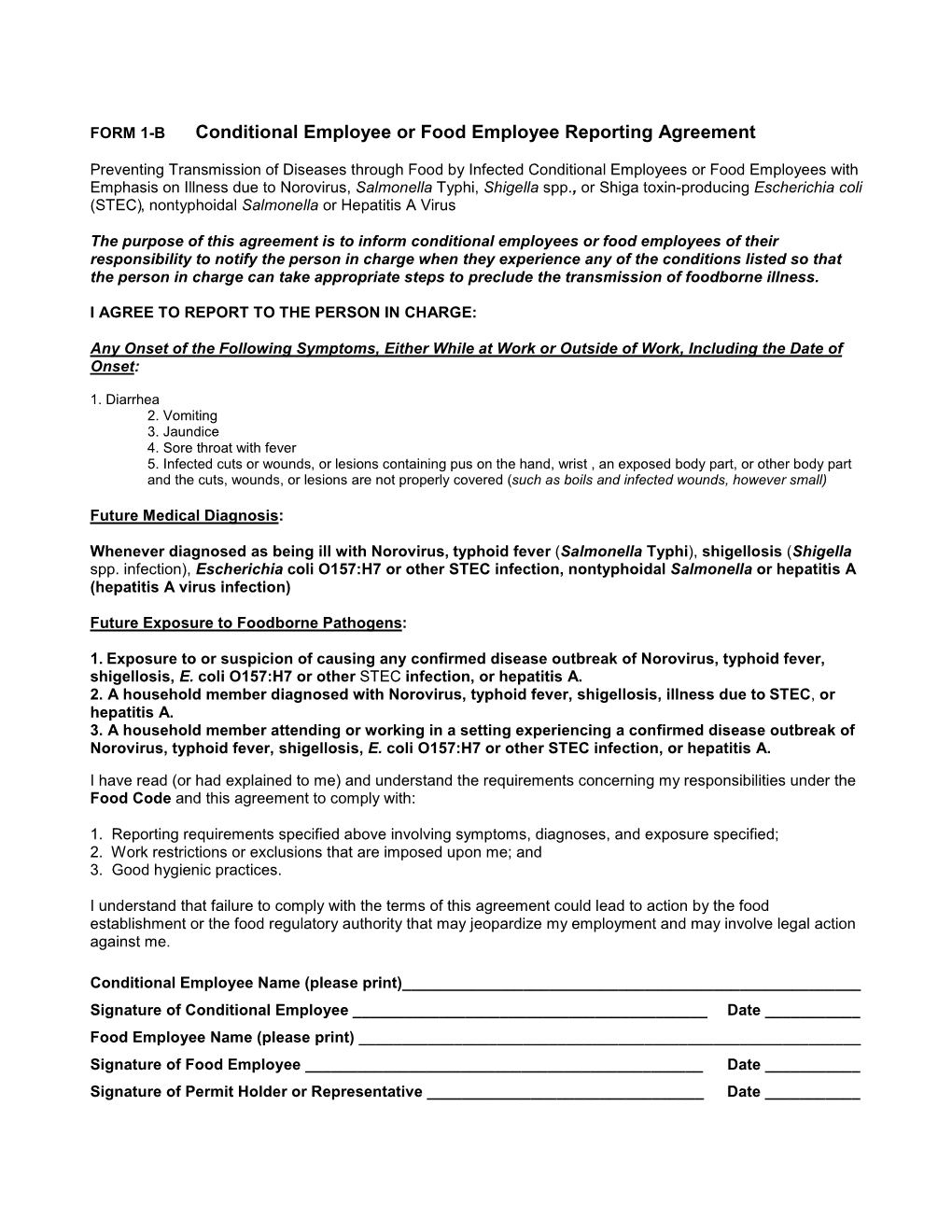 FORM 1-B Conditional Employee Or Food Employee Reporting Agreement ...