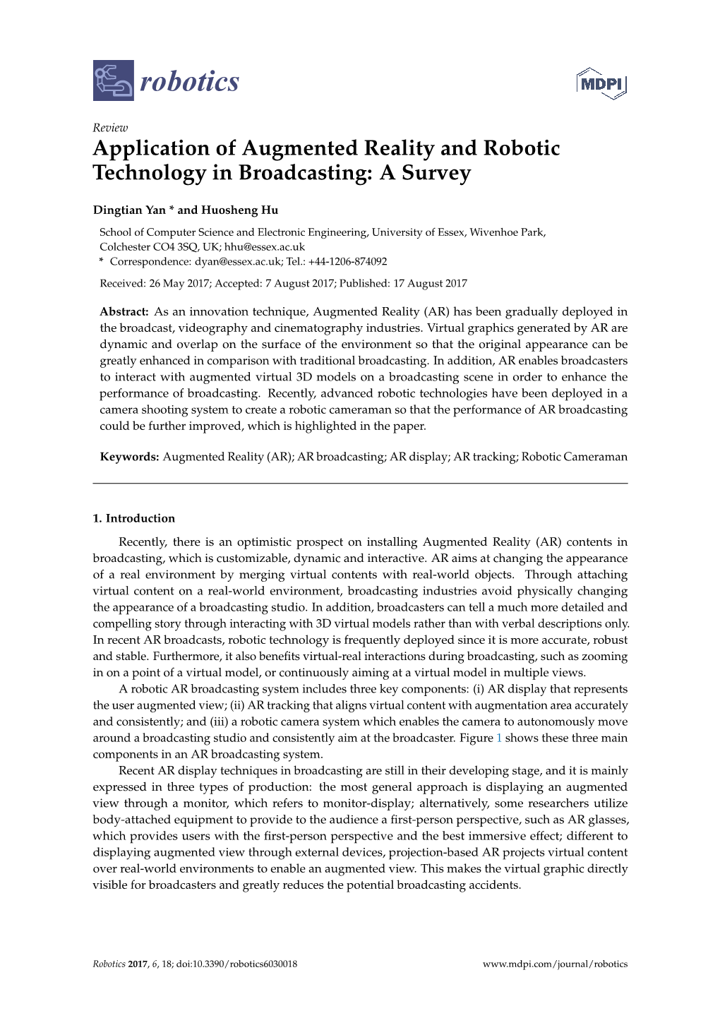 Application of Augmented Reality and Robotic Technology in Broadcasting: a Survey