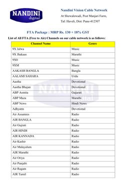 Nandini Vision Cable Network FTA Package : MRP Rs. 130 + 18%