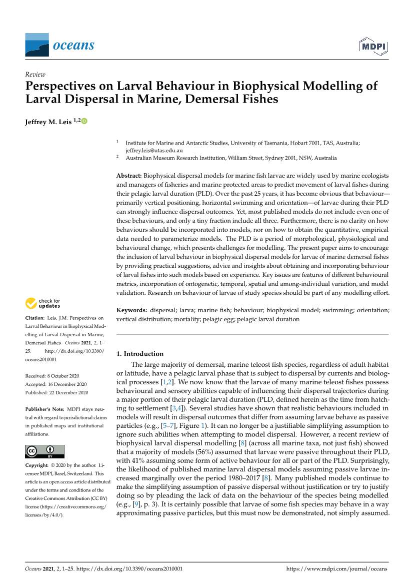 Perspectives on Larval Behaviour in Biophysical Modelling of Larval Dispersal in Marine, Demersal Fishes