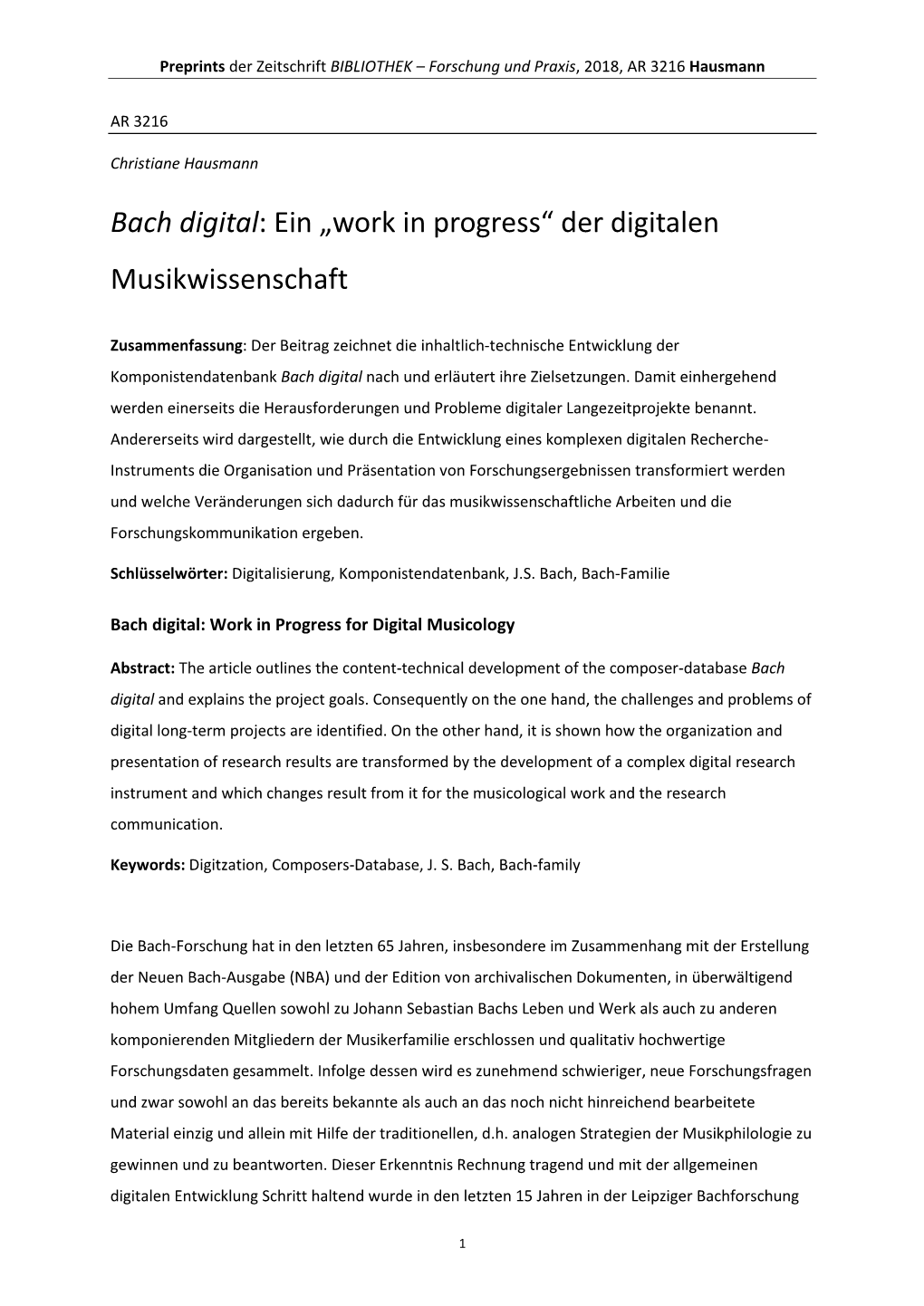 Bach Digital: Ein „Work in Progress“ Der Digitalen Musikwissenschaft