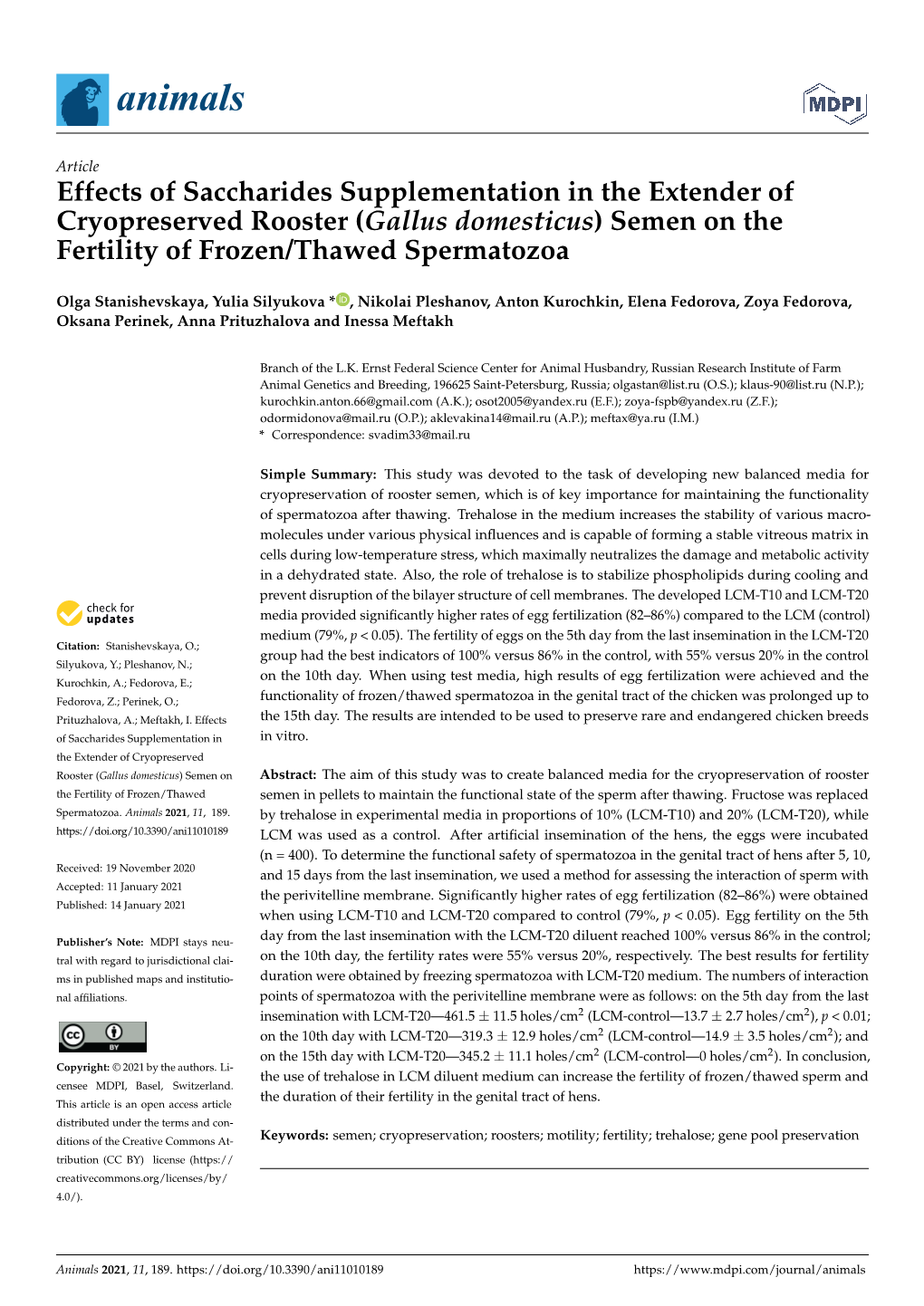 Semen on the Fertility of Frozen/Thawed Spermatozoa