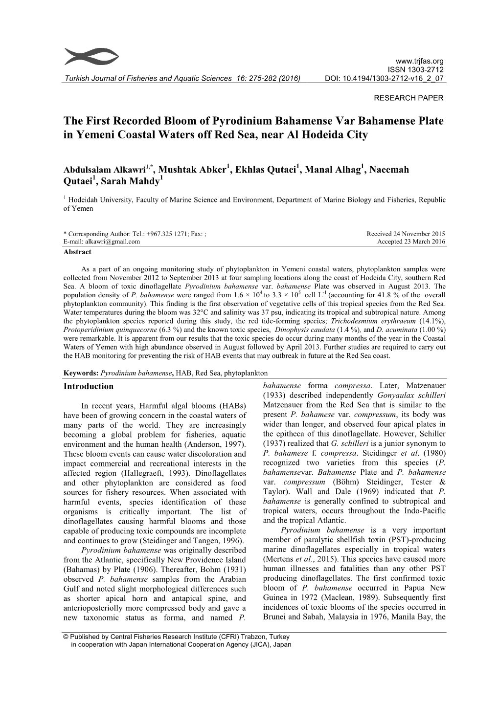 The First Recorded Bloom of Pyrodinium Bahamense Var Bahamense Plate in Yemeni Coastal Waters Off Red Sea, Near Al Hodeida City