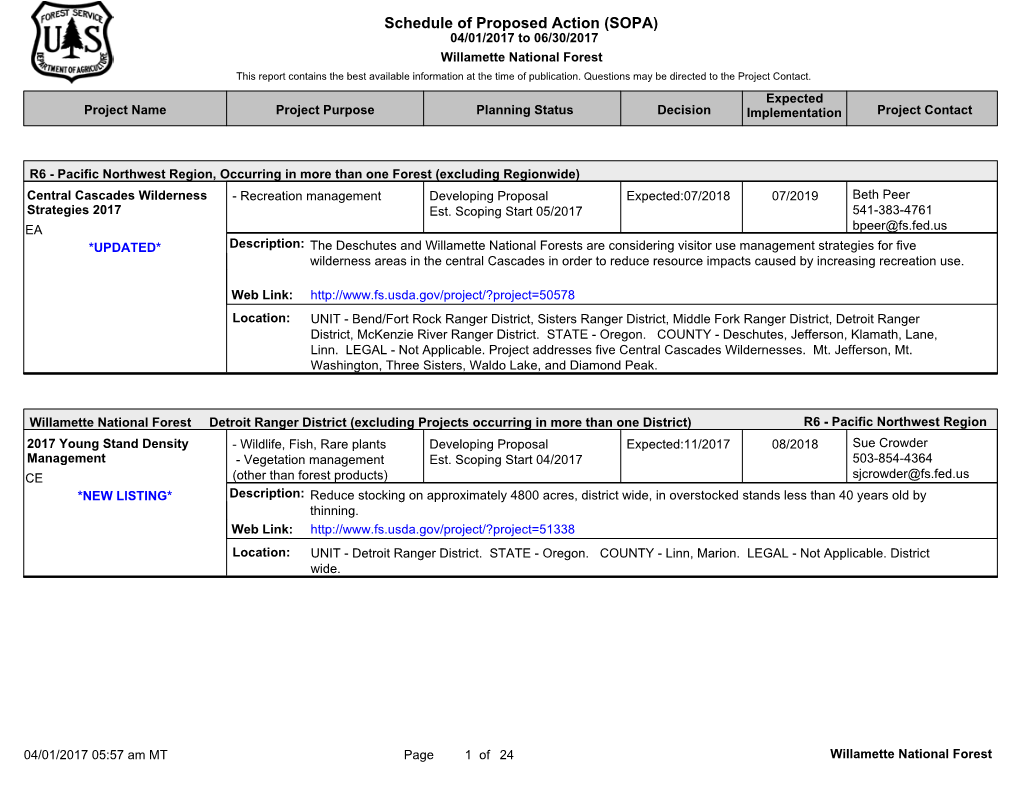 Schedule of Proposed Action (SOPA) 04/01/2017 to 06/30/2017 Willamette National Forest This Report Contains the Best Available Information at the Time of Publication