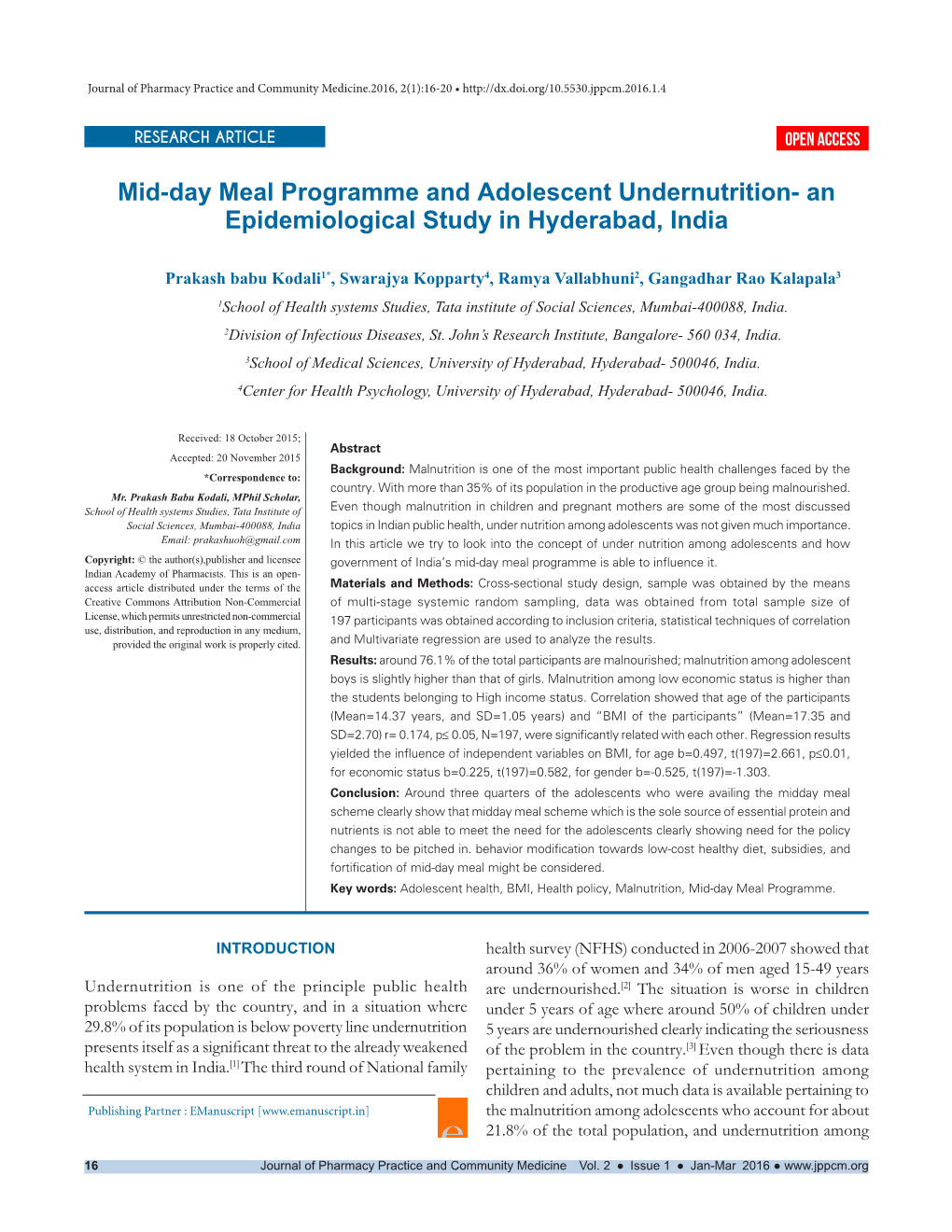 Mid-Day Meal Programme and Adolescent Undernutrition- an Epidemiological Study in Hyderabad, India