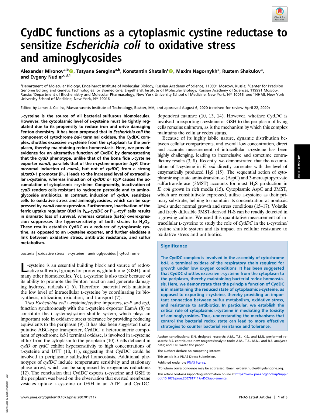 Cyddc Functions As a Cytoplasmic Cystine Reductase to Sensitize Escherichia Coli to Oxidative Stress and Aminoglycosides