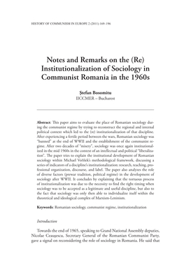(Re) Institutionalization of Sociology in Communist Romania in the 1960S