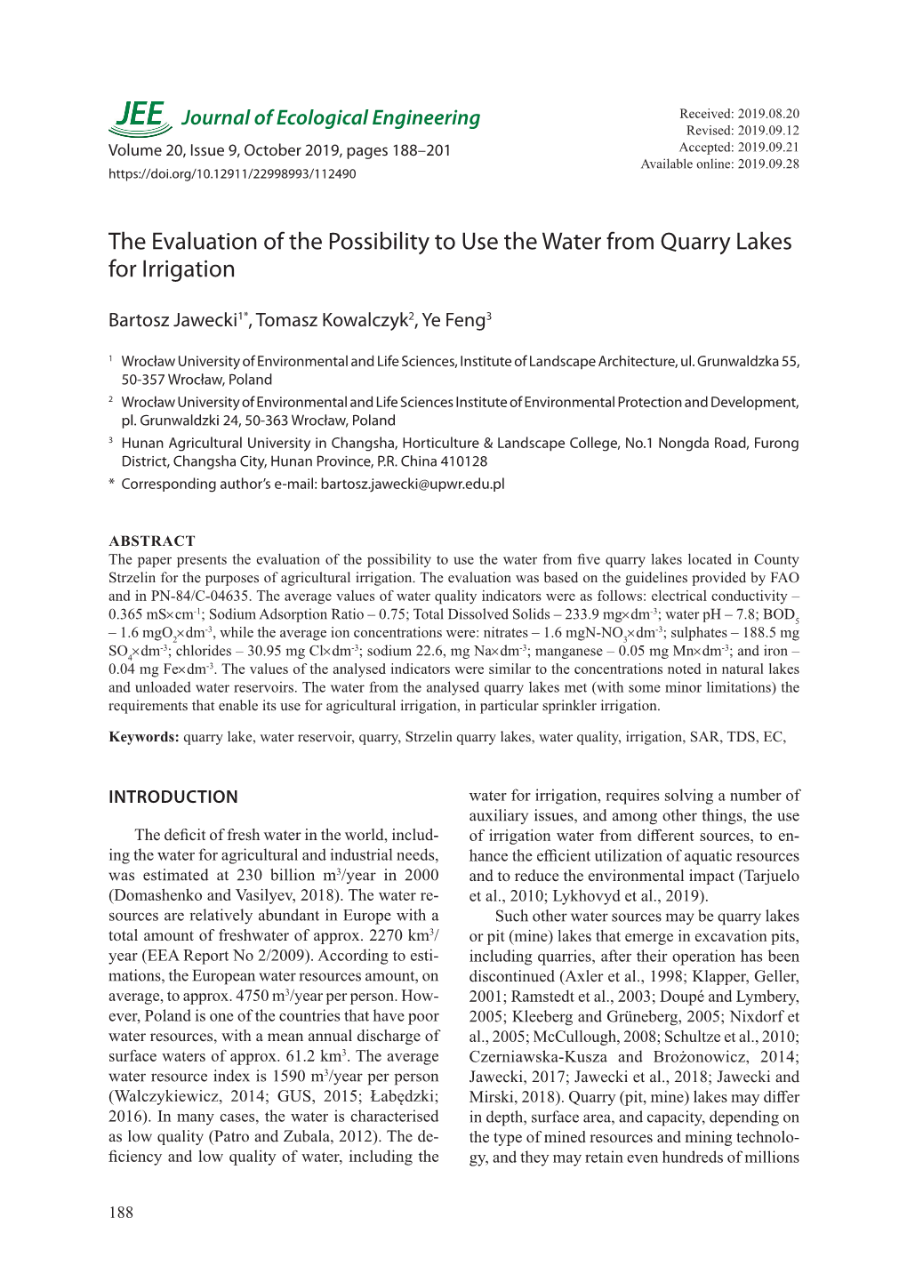 The Evaluation of the Possibility to Use the Water from Quarry Lakes for Irrigation