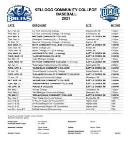 Spring 2021 KCC Baseball Schedule