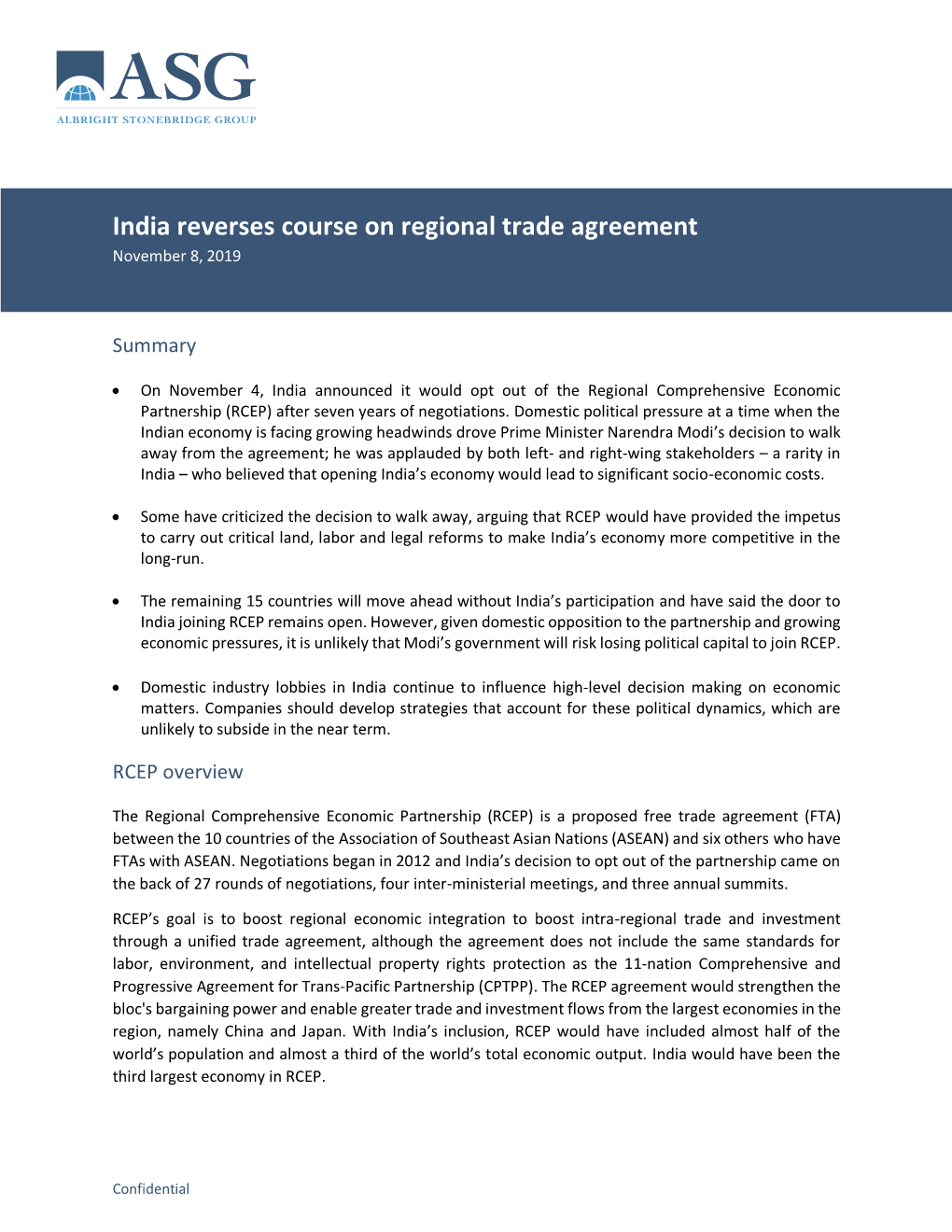 India Reverses Course on Regional Trade Agreement November 8, 2019