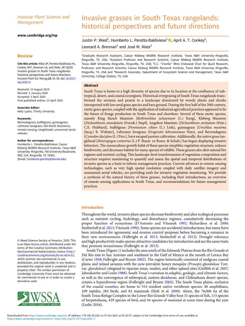 Invasive Grasses in South Texas Rangelands: Management Historical Perspectives and Future Directions Justin P