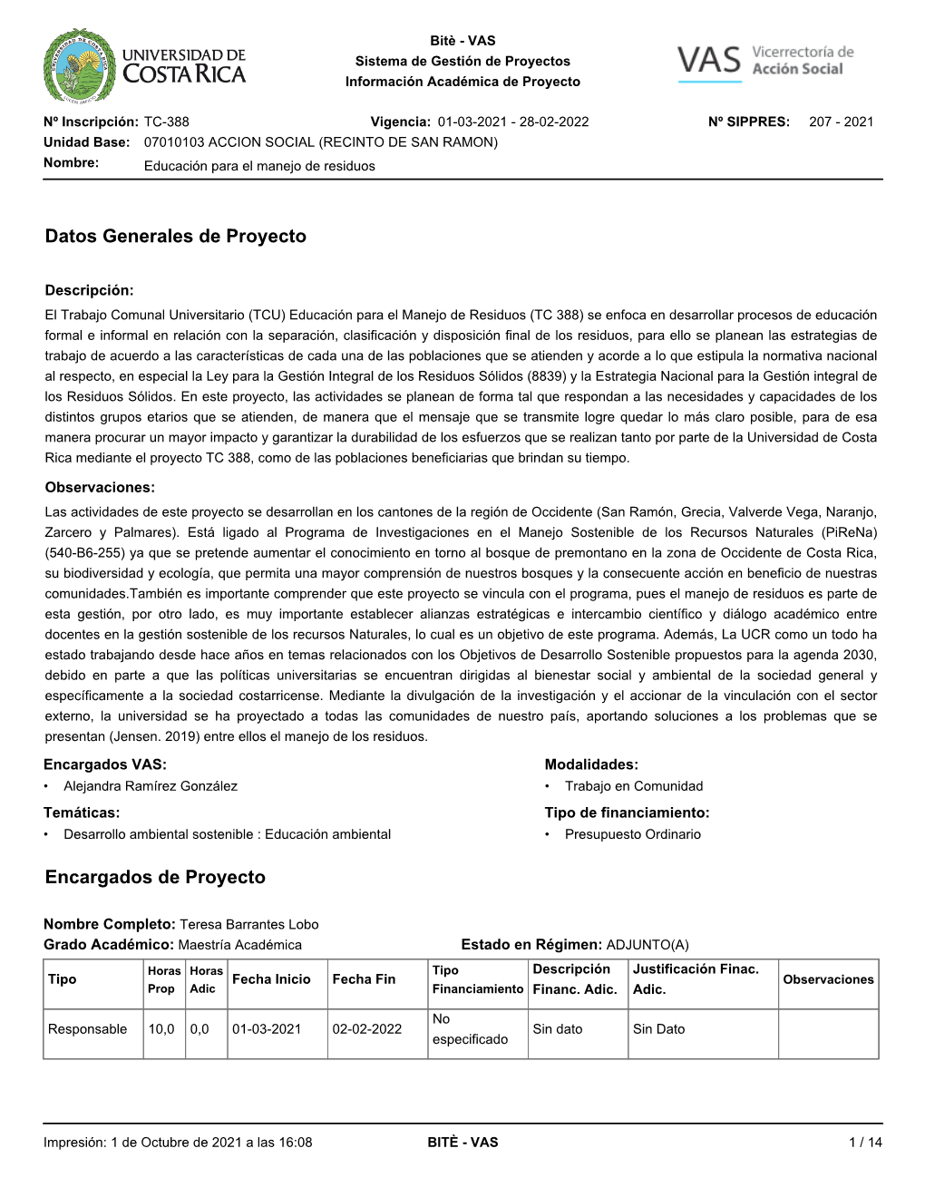 Datos Generales De Proyecto Encargados De Proyecto