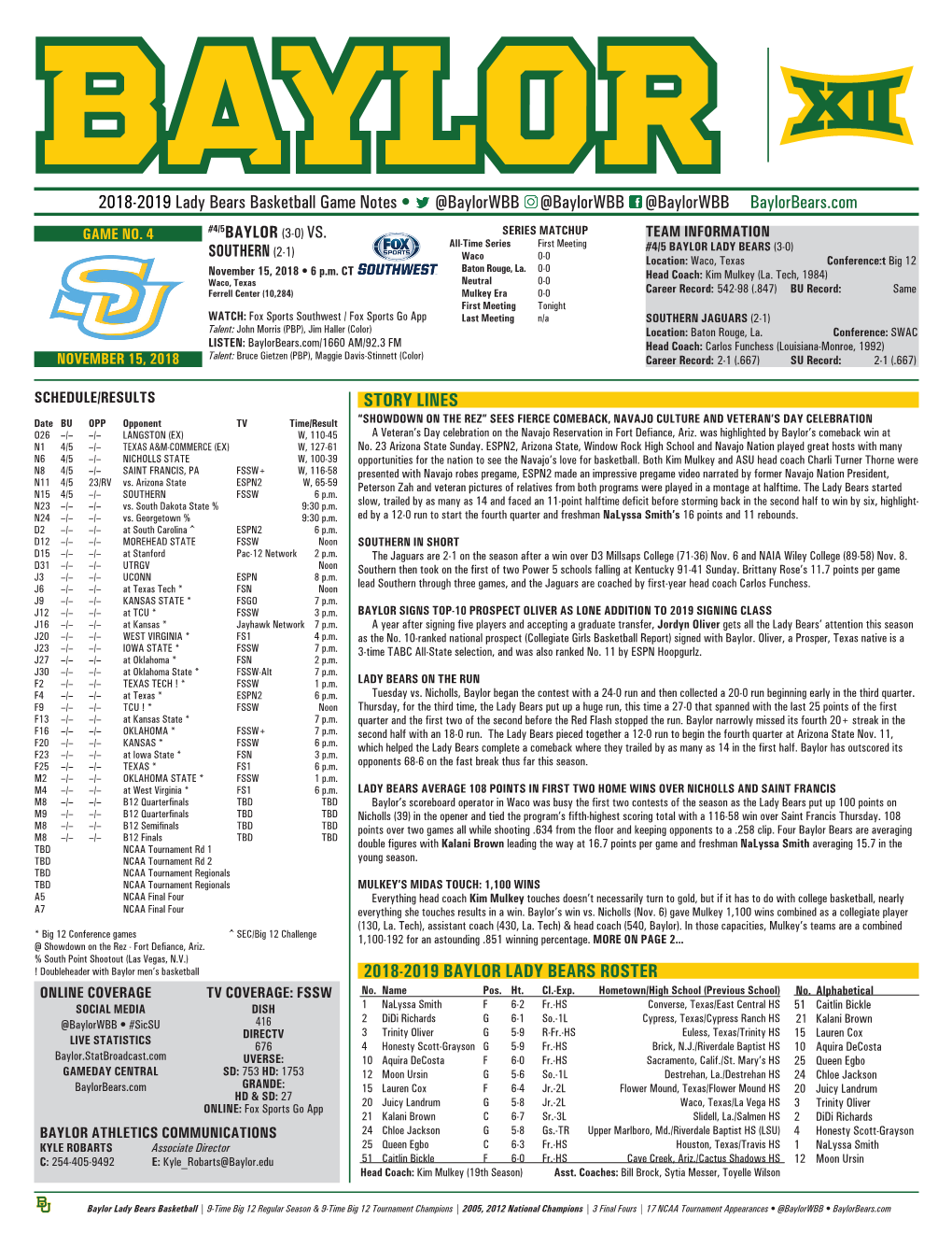 2018-2019 Lady Bears Basketball Game Notes • @Baylorwbb @Baylorwbb @Baylorwbb Baylorbears.Com GAME NO