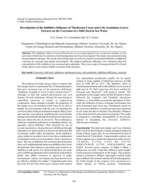 Investigation of the Inhibitive Influence of Theobroma Cacao and Cola Acuminata Leaves Extracts on the Corrosion of a Mild Steel in Sea Water