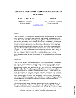 A Framework for a Bandwidth Based Network Performance Model for CS Students