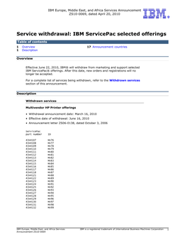 Service Withdrawal: IBM Servicepac Selected Offerings