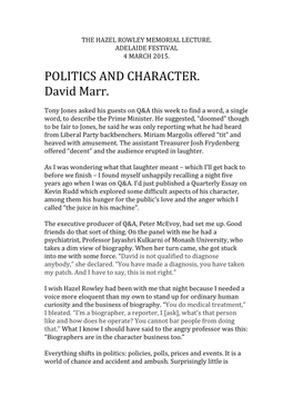 POLITICS and CHARACTER. David Marr