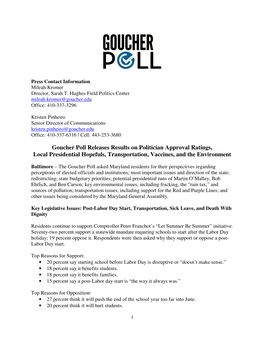 Goucher Poll Releases Results on Politician Approval Ratings, Local Presidential Hopefuls, Transportation, Vaccines, and the Environment