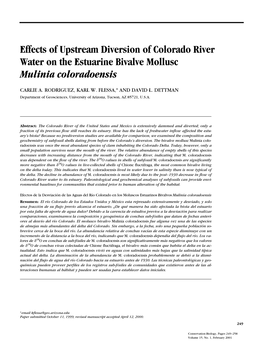 Effects of Upstream Diversion of Colorado River Water on the Estuarine Bivalve Mollusc Mulinia Coloradoensis