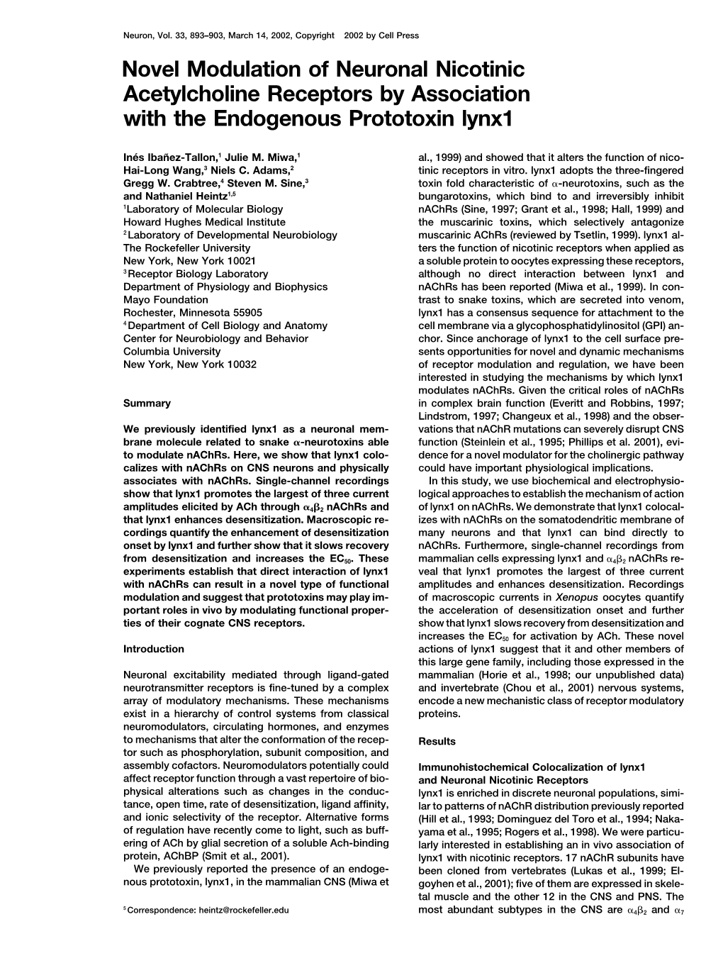 Novel Modulation of Neuronal Nicotinic Acetylcholine Receptors by Association with the Endogenous Prototoxin Lynx1