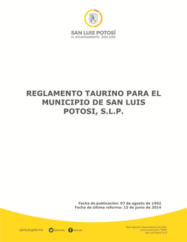 Reglamento Taurino Para El Municipio De San Luis Potosi, S.L.P