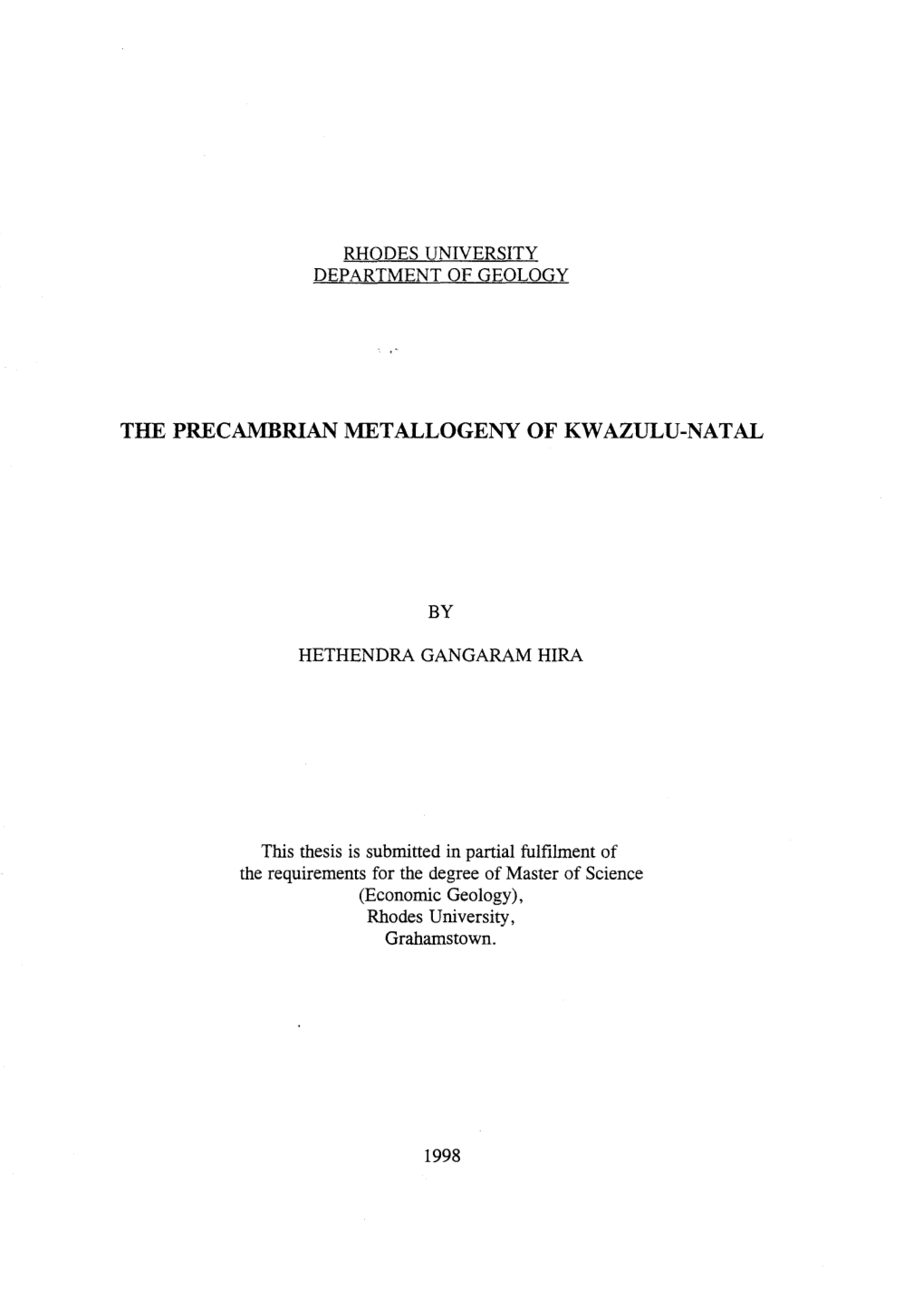 The Precambrian Metallogeny of Kwazulu-Natal
