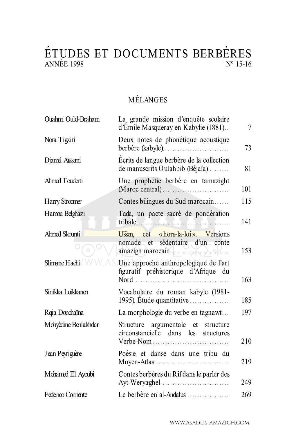 E´Tudes Et Documents Berbe`Res, 15-16, 1998 : Pp