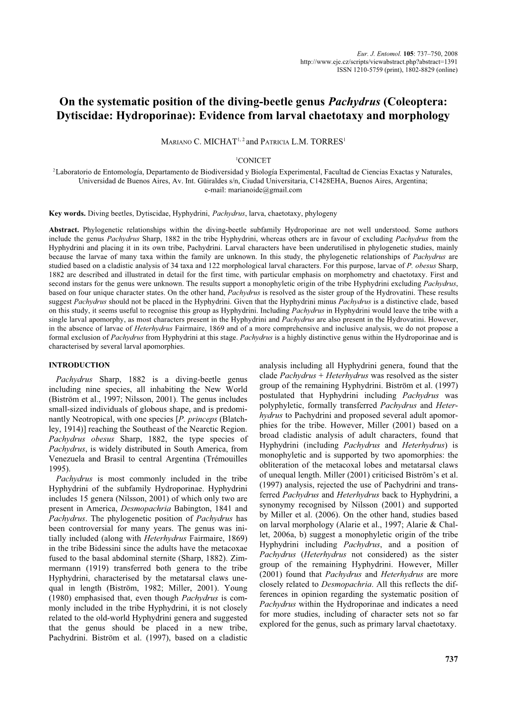 Coleoptera: Dytiscidae: Hydroporinae): Evidence from Larval Chaetotaxy and Morphology