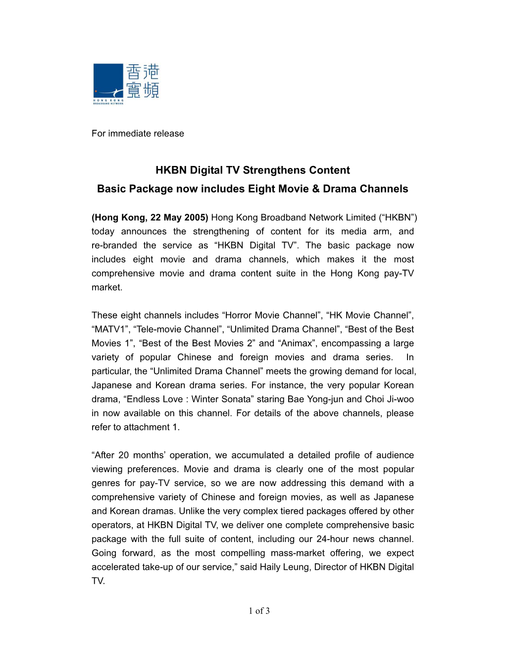 HKBN Digital TV Strengthens Content Basic Package Now Includes Eight Movie & Drama Channels