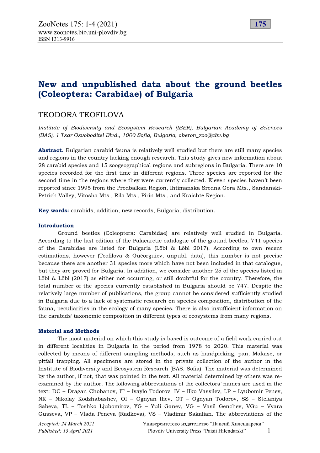 New and Unpublished Data About Bulgarian Ground Beetles of The
