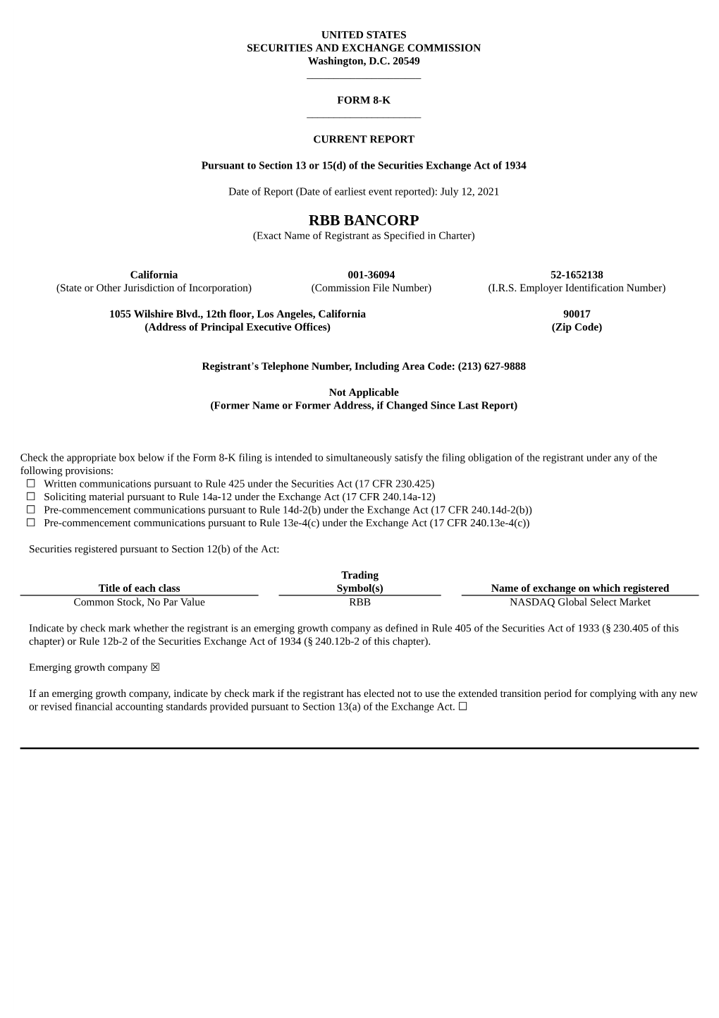 RBB BANCORP (Exact Name of Registrant As Specified in Charter)