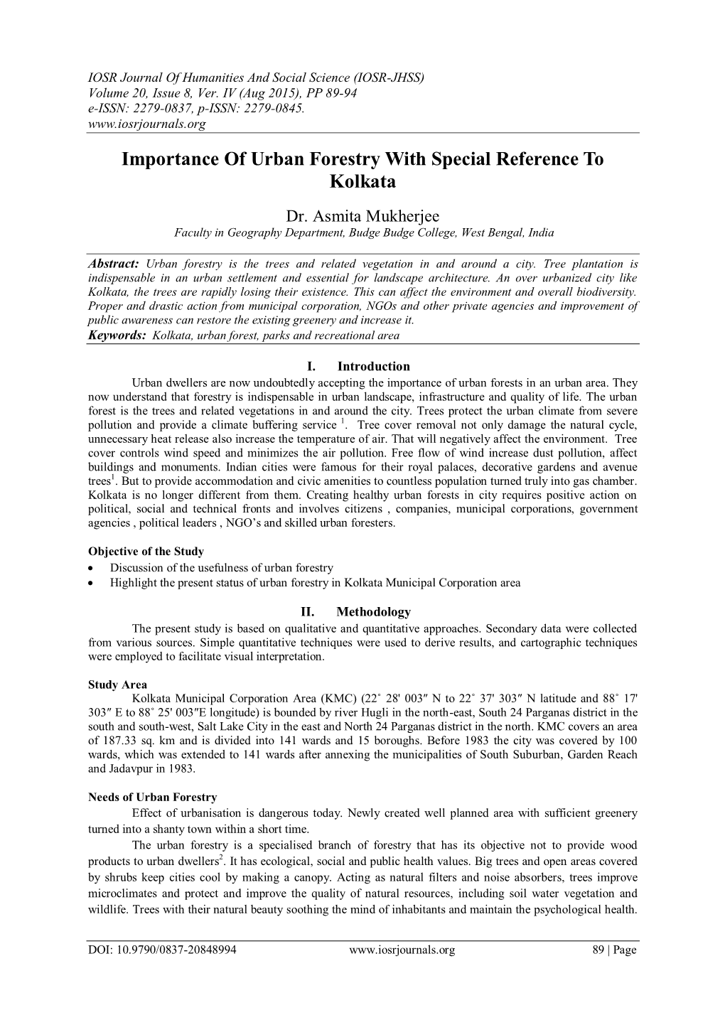 Importance of Urban Forestry with Special Reference to Kolkata