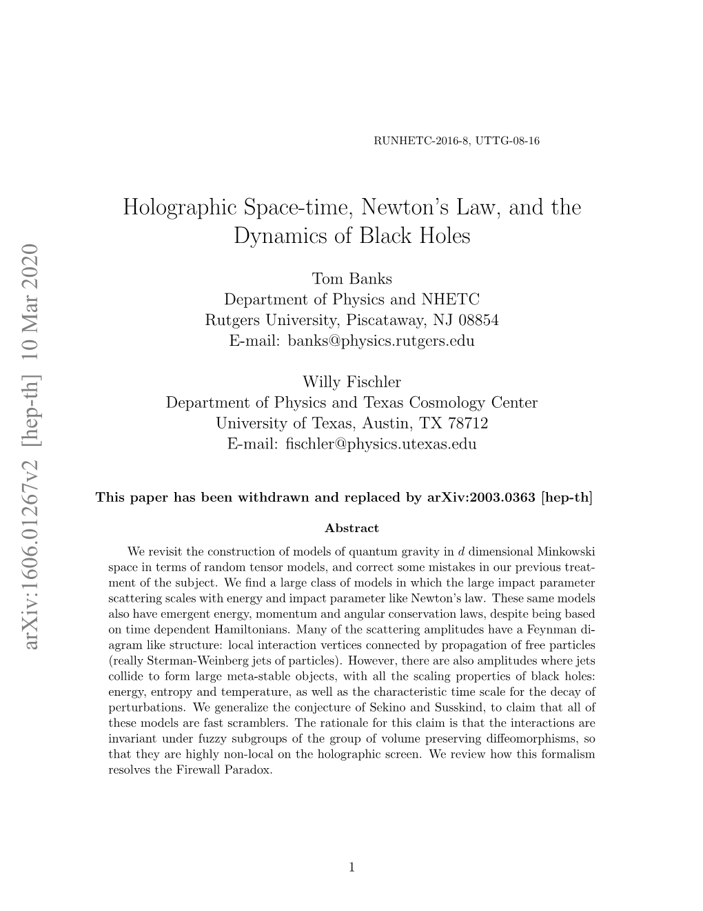 Holographic Space-Time, Newton's Law, and the Dynamics of Black