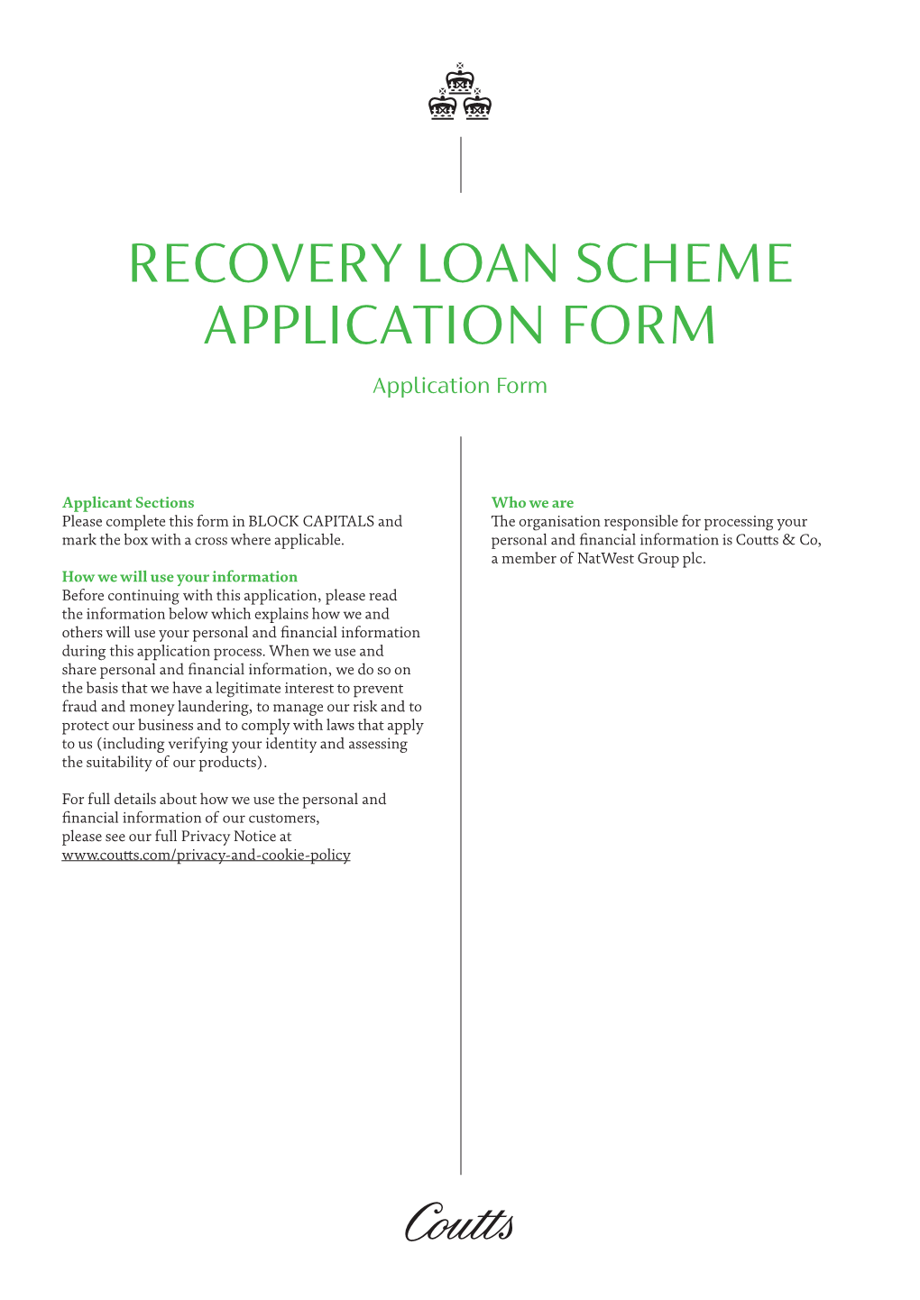 RECOVERY LOAN SCHEME APPLICATION FORM Application Form