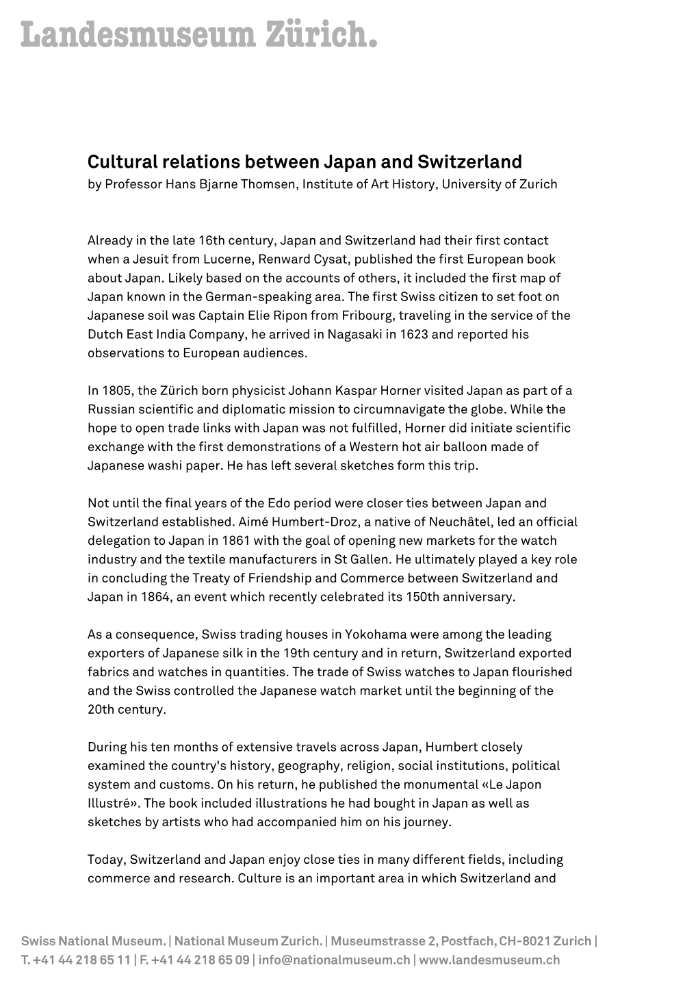 Cultural Relations Between Japan and Switzerland by Professor Hans Bjarne Thomsen, Institute of Art History, University of Zurich