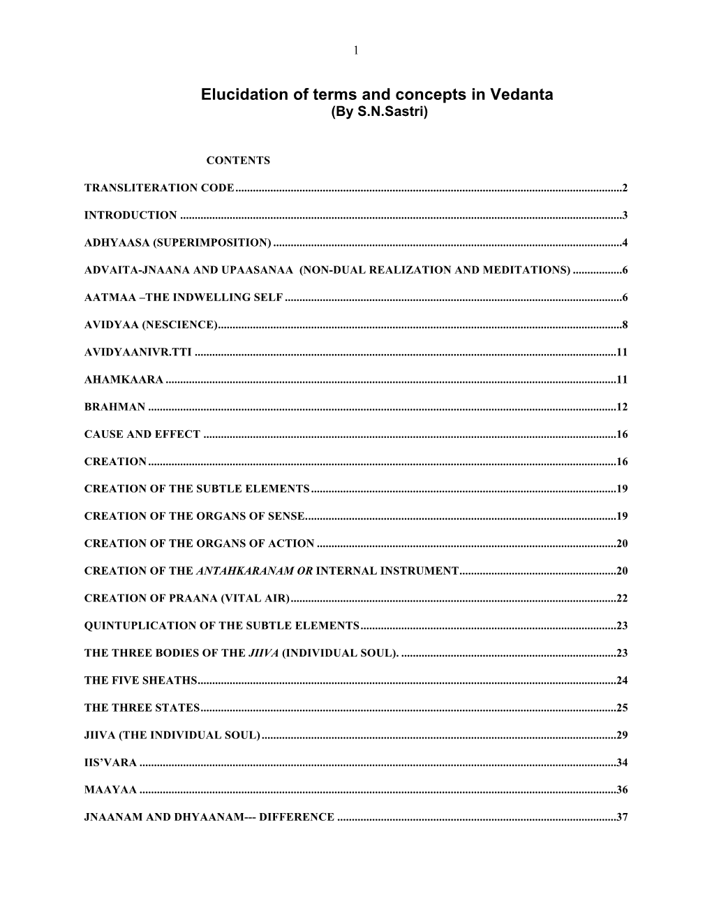 Elucidation of Terms and Concepts in Vedanta (By S.N.Sastri)