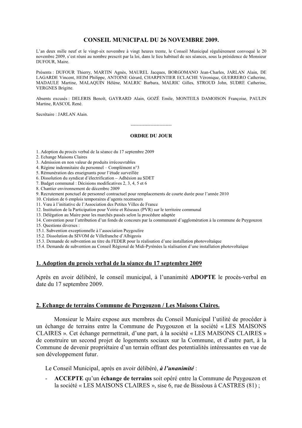 Conseil Municipal 2009 11 26