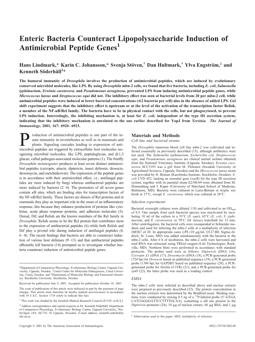 Antimicrobial Peptide Genes Lipopolysaccharide Induction Of