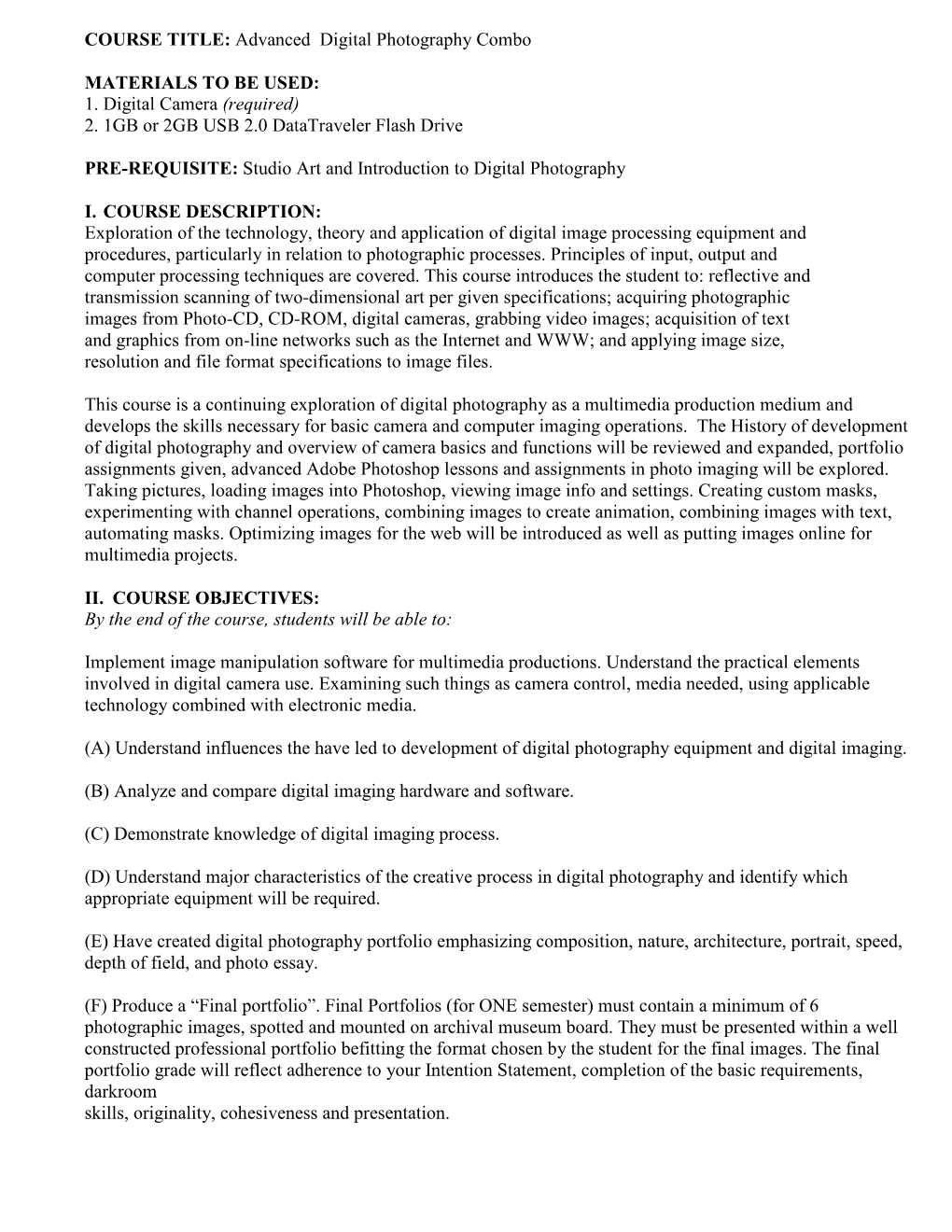 Advanced Digital Photography Combo Syllabus