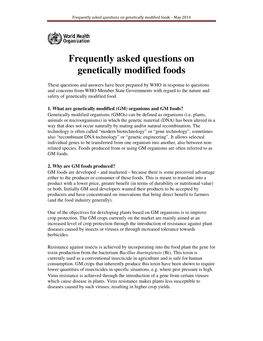 Frequently Asked Questions on Genetically Modified Foods – May 2014