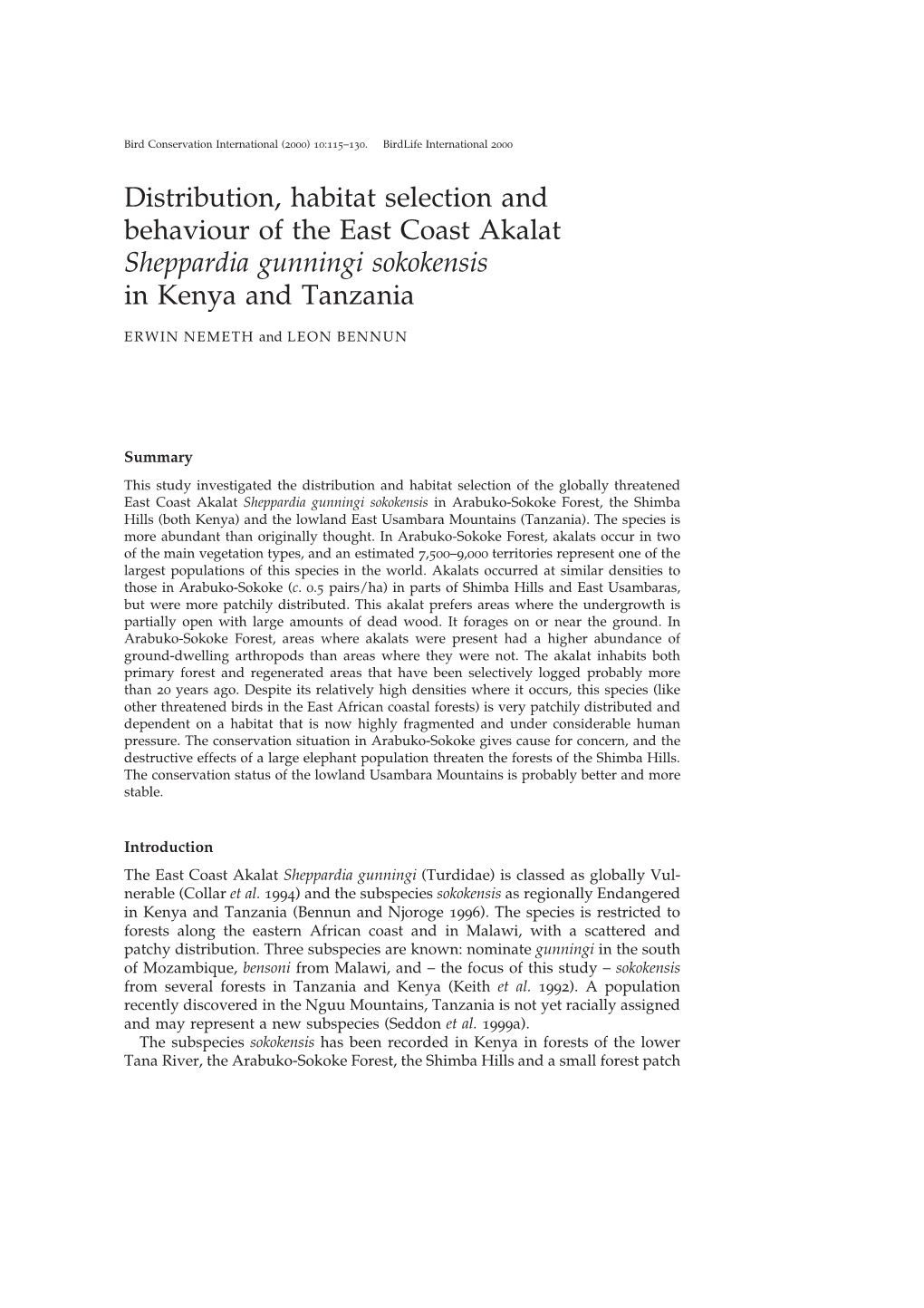 Distribution, Habitat Selection and Behaviour of the East Coast Akalat Sheppardia Gunningi Sokokensis in Kenya and Tanzania