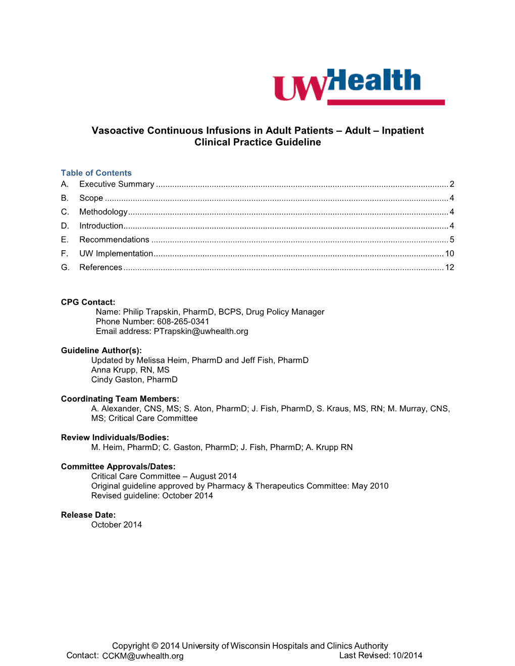 Vasoactive Continuous Infusions in Adult Patients – Adult – Inpatient Clinical Practice Guideline