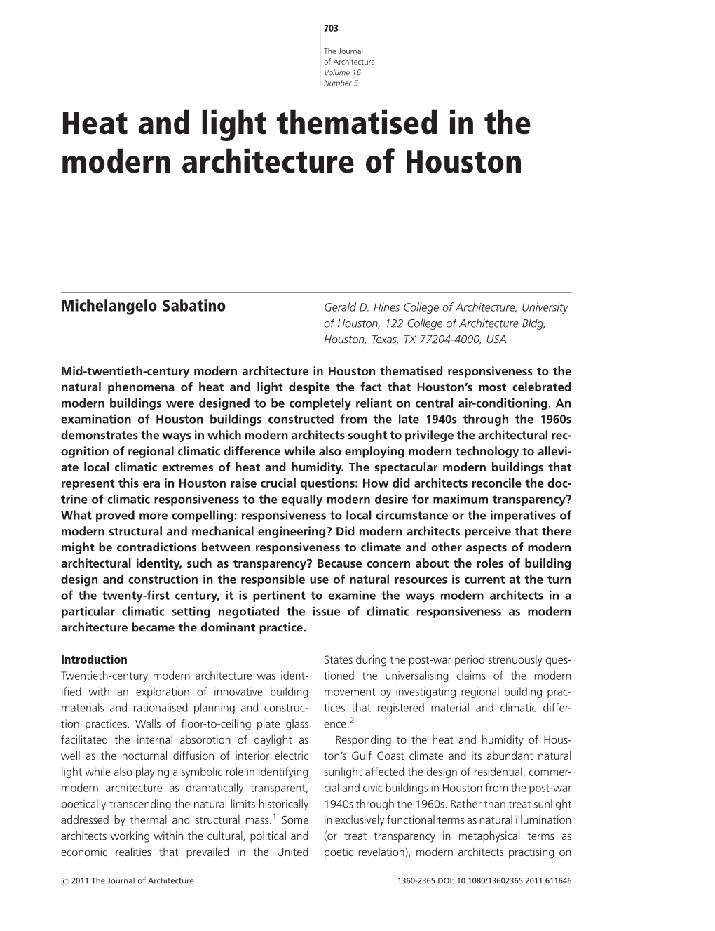 Heat and Light Thematised in the Modern Architecture of Houston