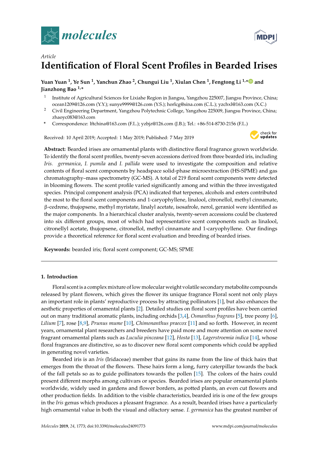 Identification of Floral Scent Profiles in Bearded Irises