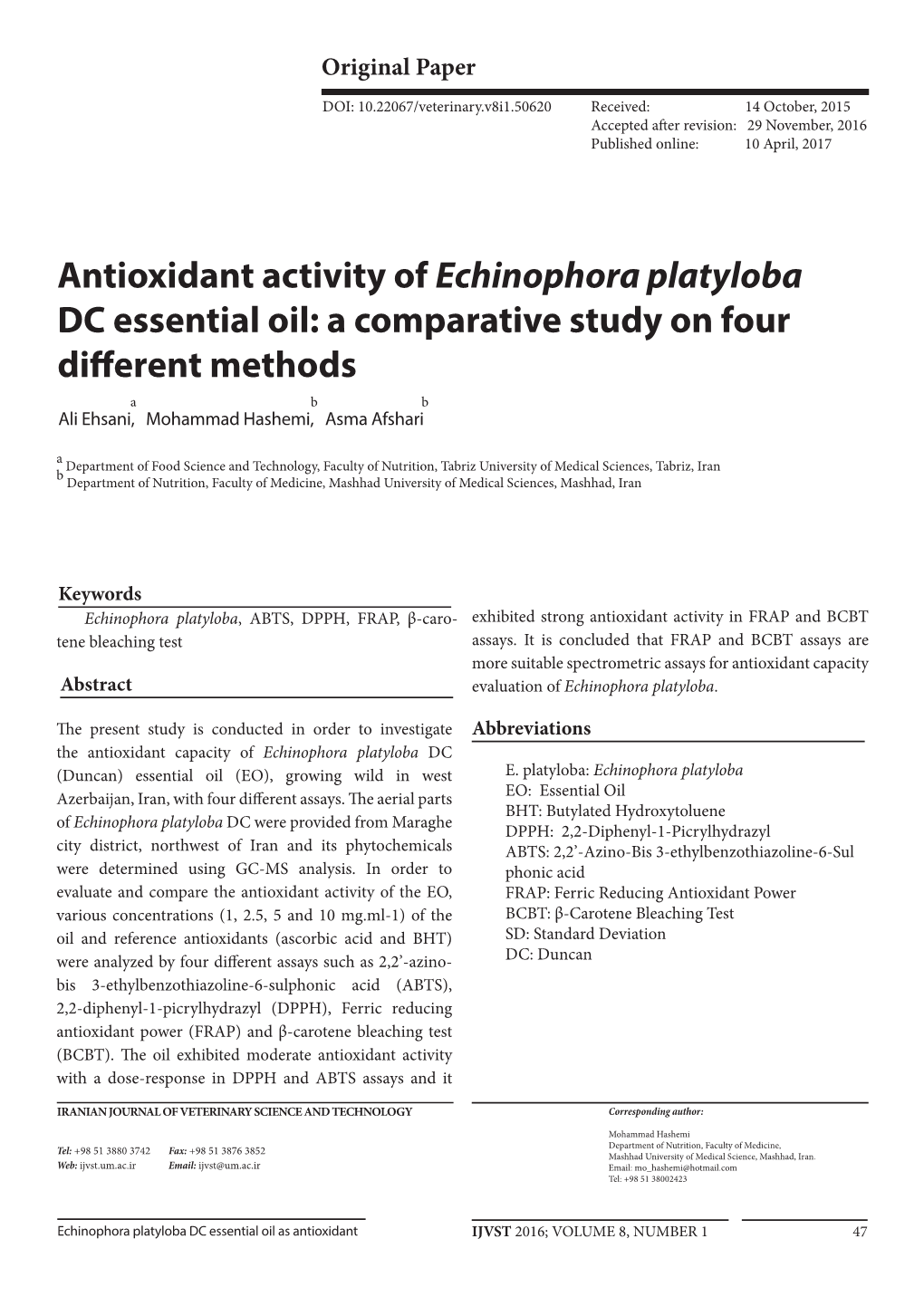 Antioxidant Activity of Echinophora Platyloba DC Essential