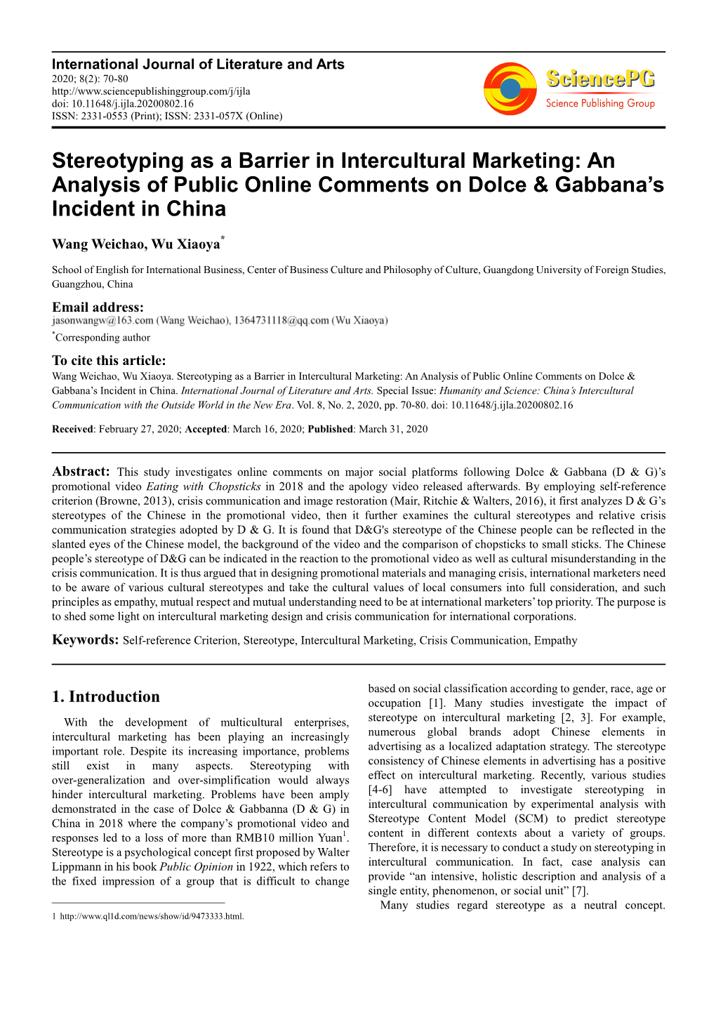 Stereotyping As a Barrier in Intercultural Marketing: an Analysis of Public Online Comments on Dolce & Gabbana’S Incident in China