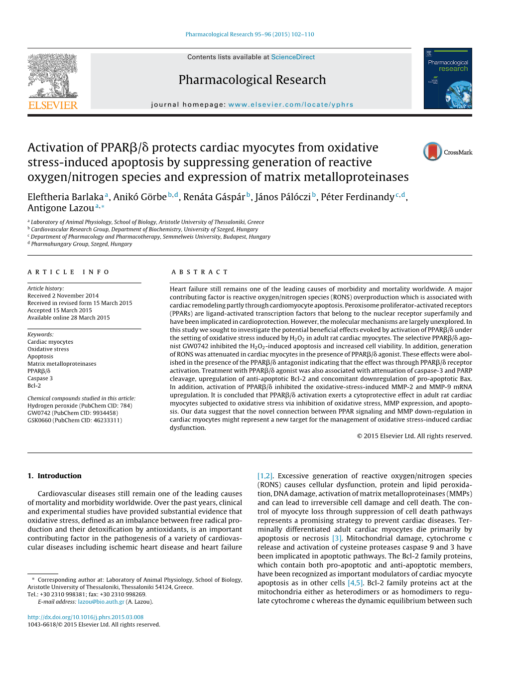 Activation of Pparβ/Δ Protects Cardiac Myocytes from Oxidative