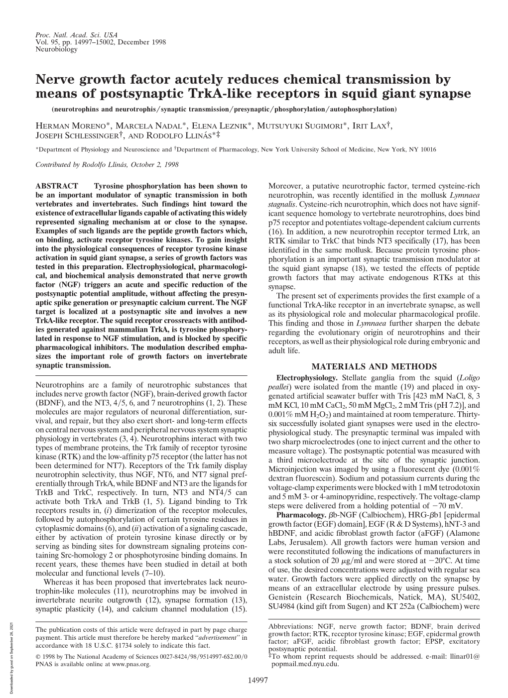 Nerve Growth Factor Acutely Reduces Chemical Transmission by Means Of