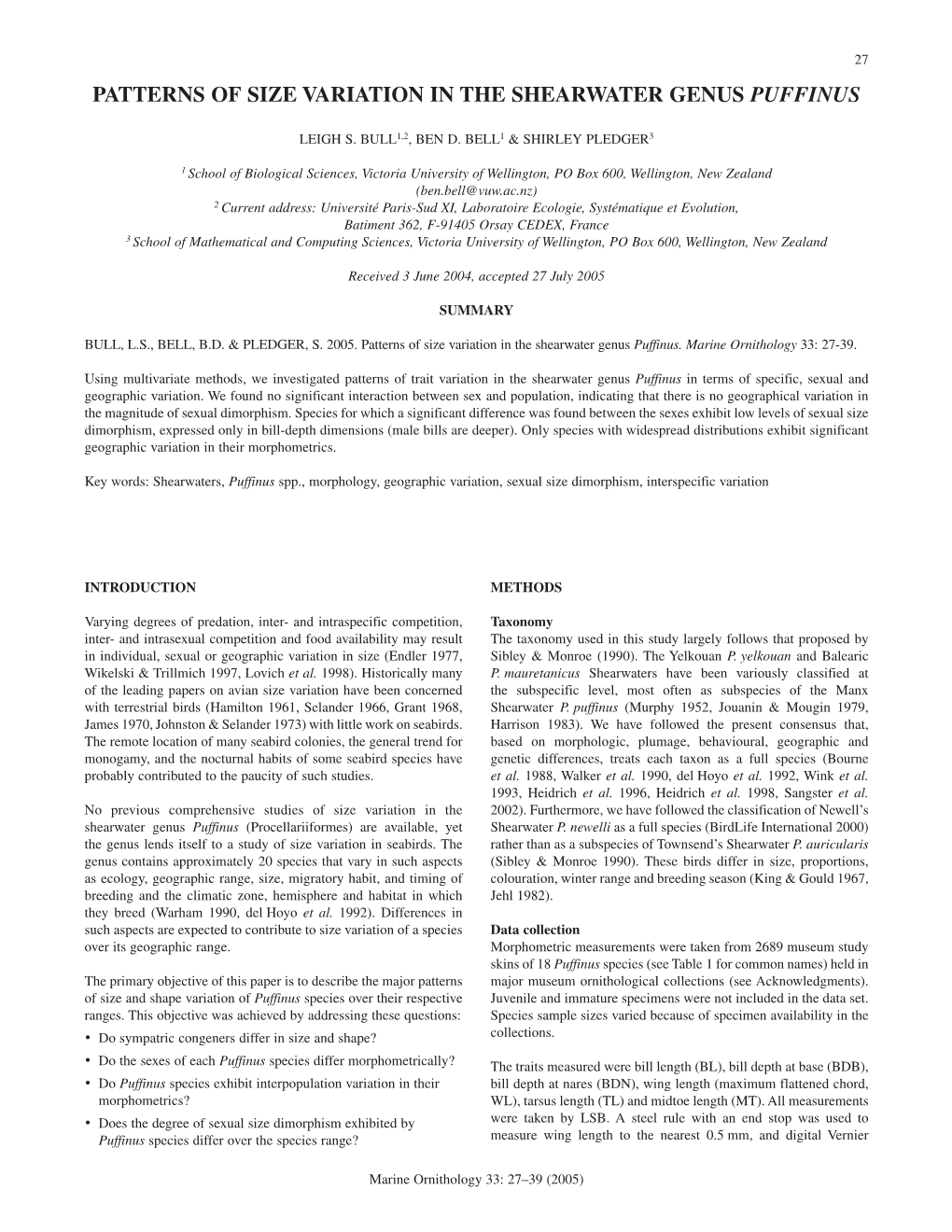 Patterns of Size Variation in the Shearwater Genus Puffinus 27 PATTERNS of SIZE VARIATION in the SHEARWATER GENUS PUFFINUS